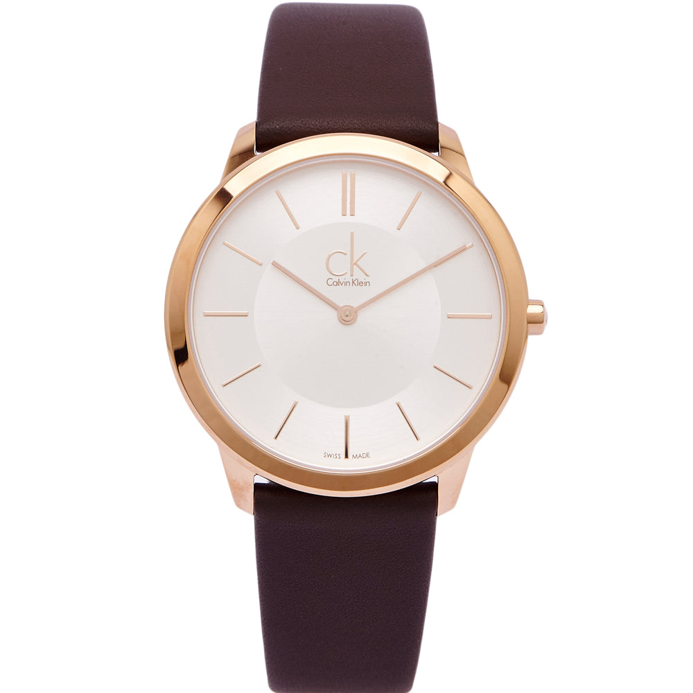 Calvin Klein Minimal men's watch with round silver dial and rose gold case front view