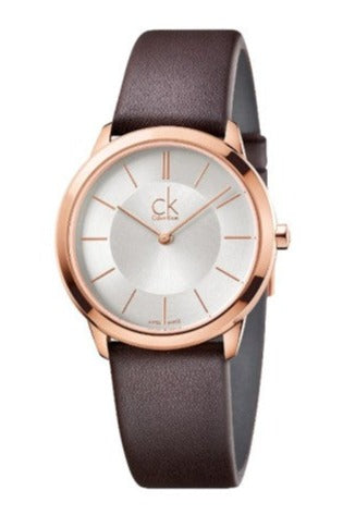 Calvin Klein Minimal quartz watch with silver dial and rose gold case on brown leather strap