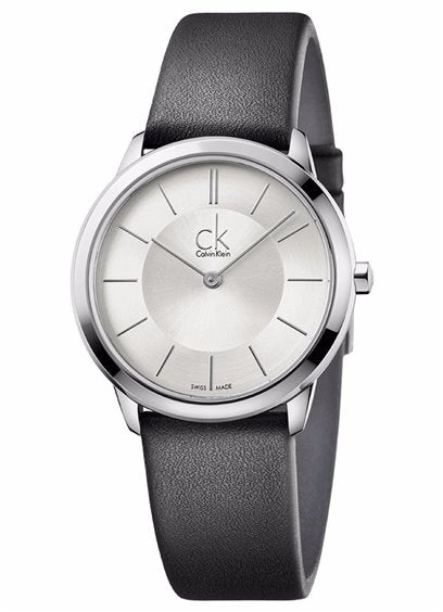 Calvin Klein Minimal watch with silver dial and black leather strap at three-quarter angle