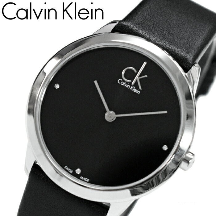Calvin Klein Minimal K3M221CS watch angled view highlighting stainless steel case and black strap