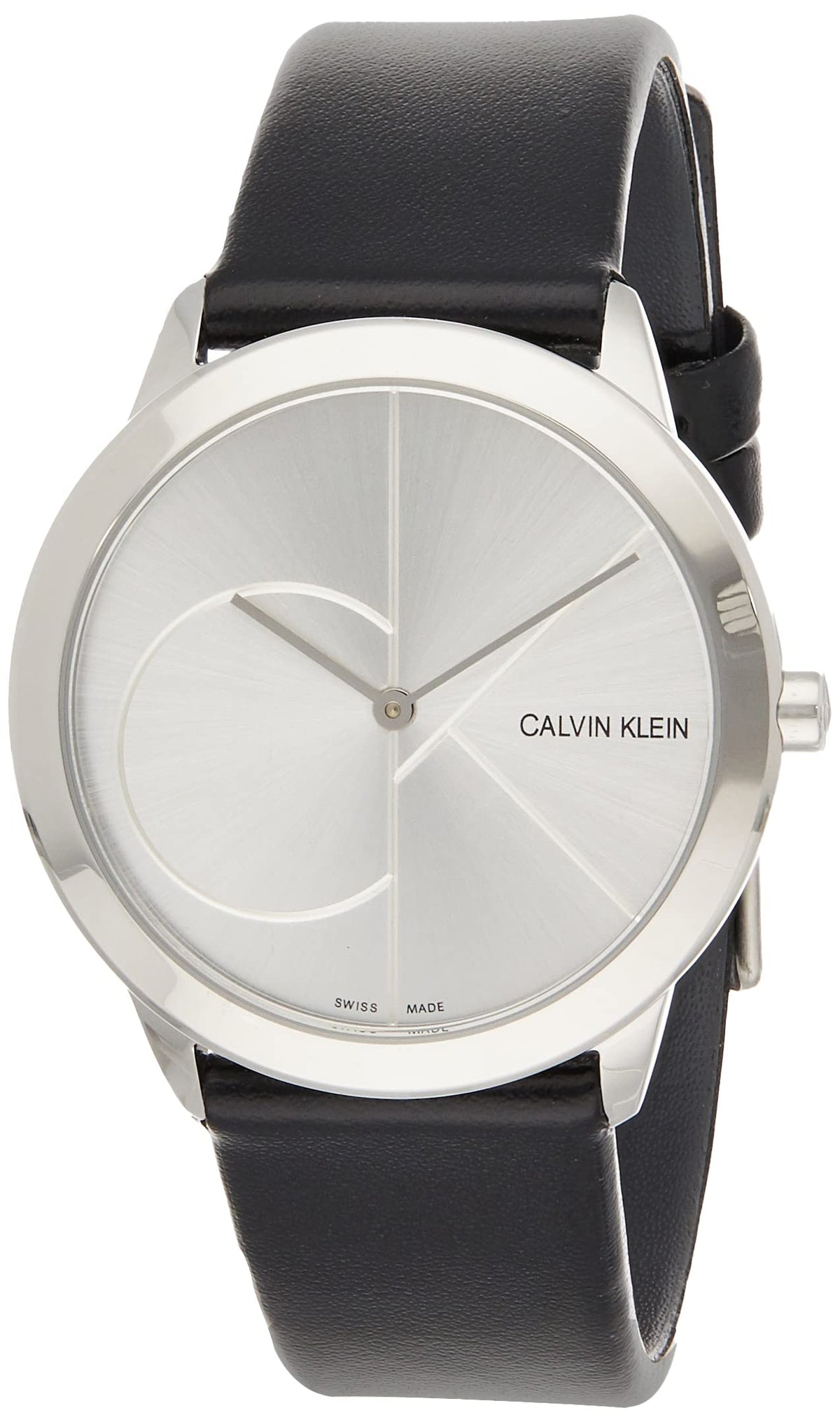 Three-quarter view of Calvin Klein Minimal watch with stainless steel case and black leather band