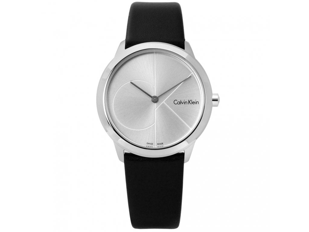 Calvin Klein Minimal women's watch K3M221CY with minimalist silver dial and black leather strap