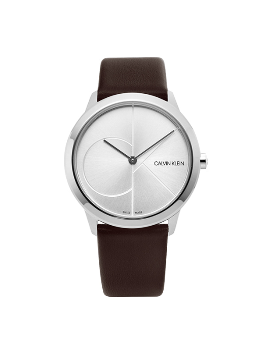 Calvin Klein Minimal K3M221G6 watch front view with geometric silver dial and dark brown strap