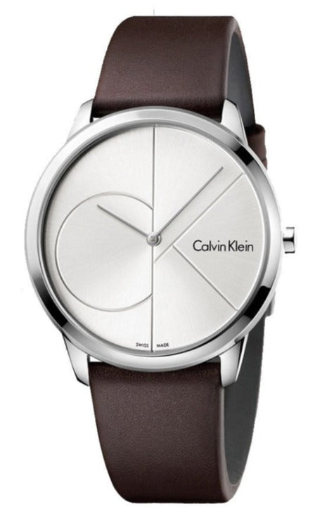 Calvin Klein Minimal men's watch with silver dial, stainless steel case, and brown leather strap