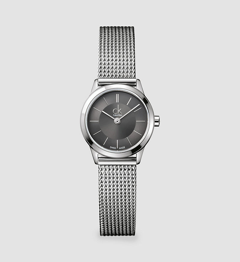 Calvin Klein Minimal watch with grey dial, silver case, and mesh strap