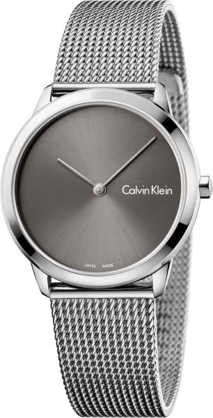 Calvin Klein Minimal grey dial watch with silver mesh strap on wrist