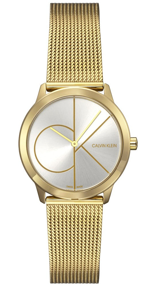 Calvin Klein Minimal gold ladies watch K3M22526 with white dial and mesh strap