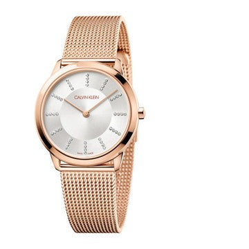 Angled view of Calvin Klein Minimal women's watch showing round case and mesh bracelet