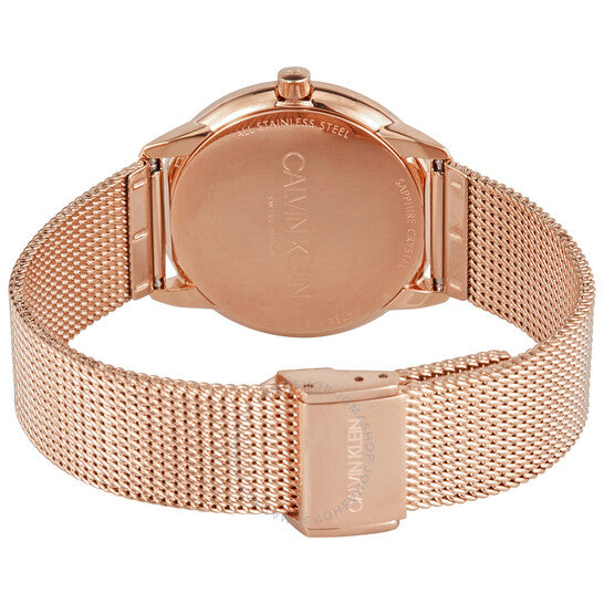 Rear view of Calvin Klein Minimal watch with rose gold case and mesh bracelet closure