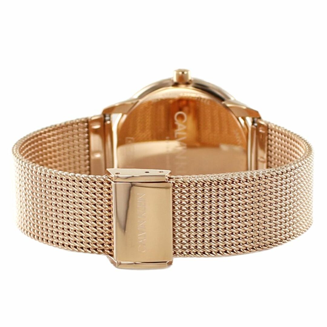 Caseback view of Calvin Klein Minimal women's watch showing stainless steel case and mesh strap