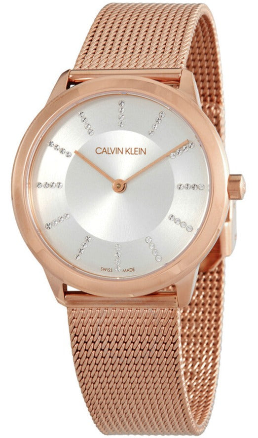 Calvin Klein Minimal women's watch with rose gold case, silver dial, and rose gold mesh strap