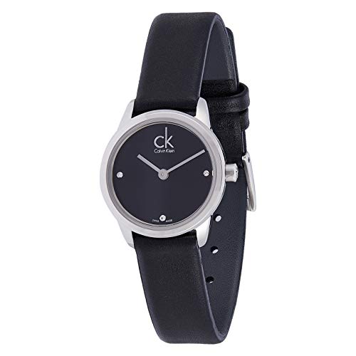 Side angle view of Calvin Klein Minimal watch with black leather strap and dial