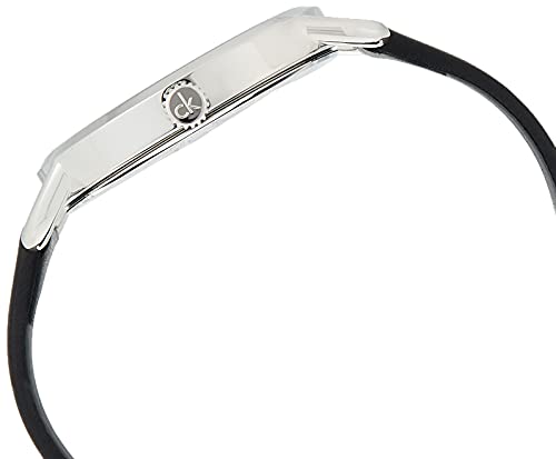 Side angle showing Calvin Klein Minimal watch case profile with black leather strap