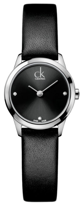 Calvin Klein Minimal ladies watch with black dial, silver case, and black leather strap