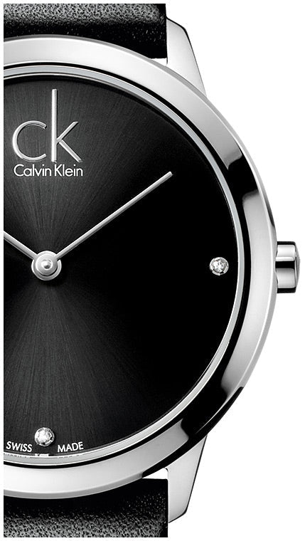 Close-up dial detail of Calvin Klein Minimal K3M231CS with diamond hour markers