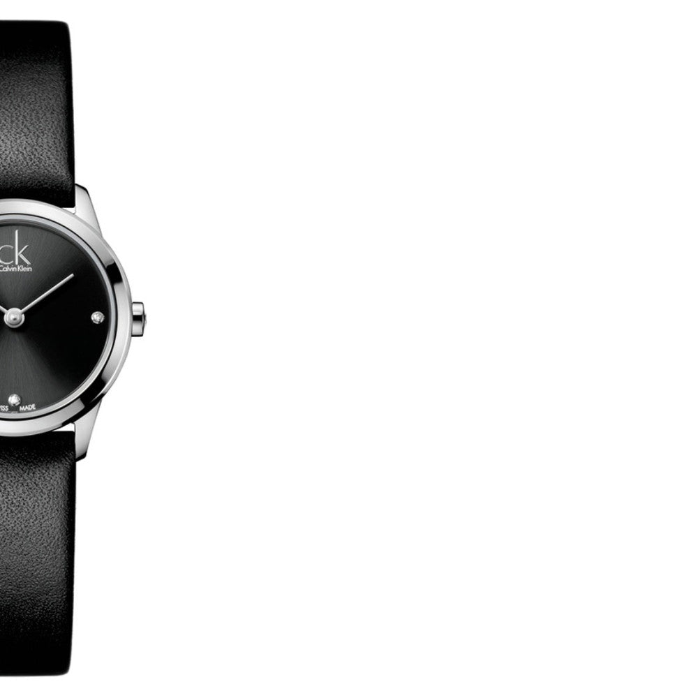 Side view of Calvin Klein Minimal K3M231CS watch with black strap