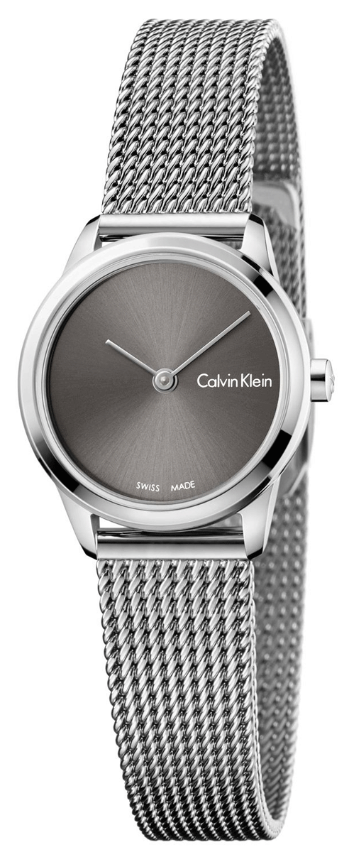 Calvin Klein Minimal ladies watch with grey dial and stainless steel mesh bracelet worn on wrist