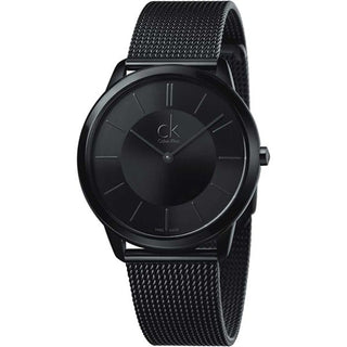 Calvin Klein Minimal K3M234B1 black watch at angle showing case and mesh band
