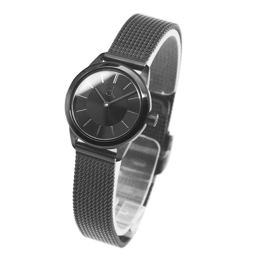 Calvin Klein Minimal K3M234B1 black watch worn on wrist with mesh strap