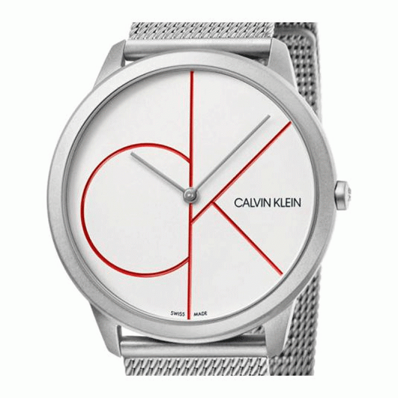Calvin Klein Minimal watch front view with white dial, red logo design, and mesh strap