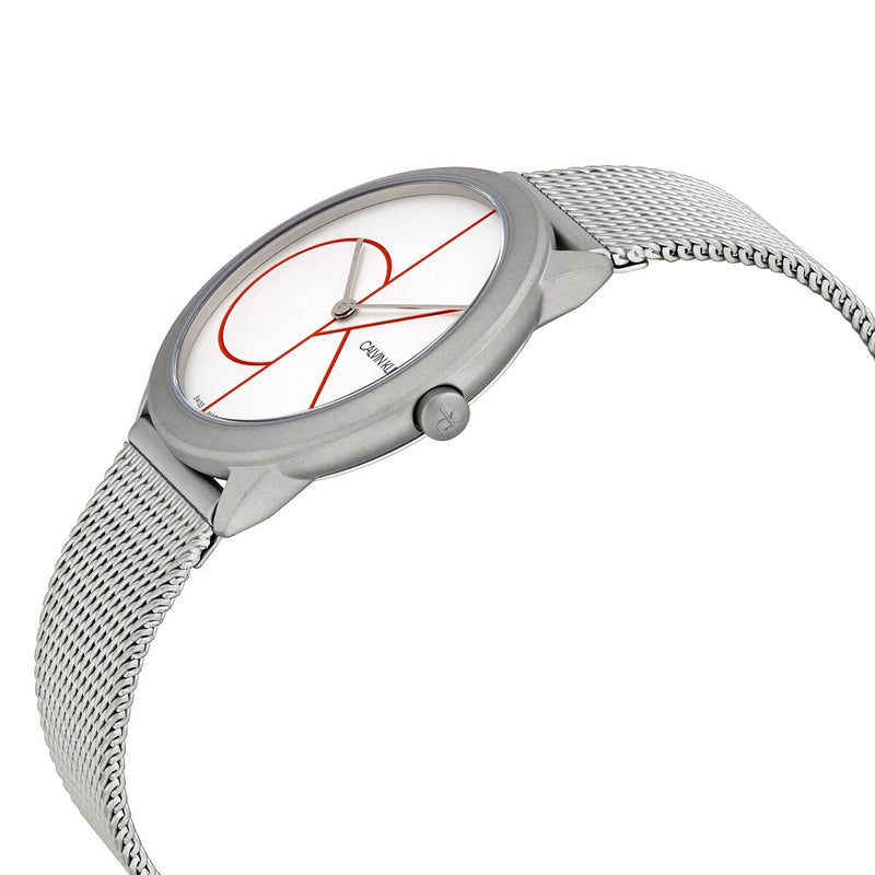 Calvin Klein Minimal watch at angle showing silver mesh bracelet and case profile