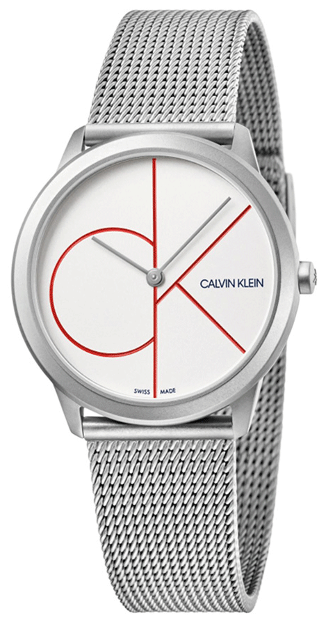 Calvin Klein Minimal women's watch with white dial, red geometric lines, silver mesh bracelet