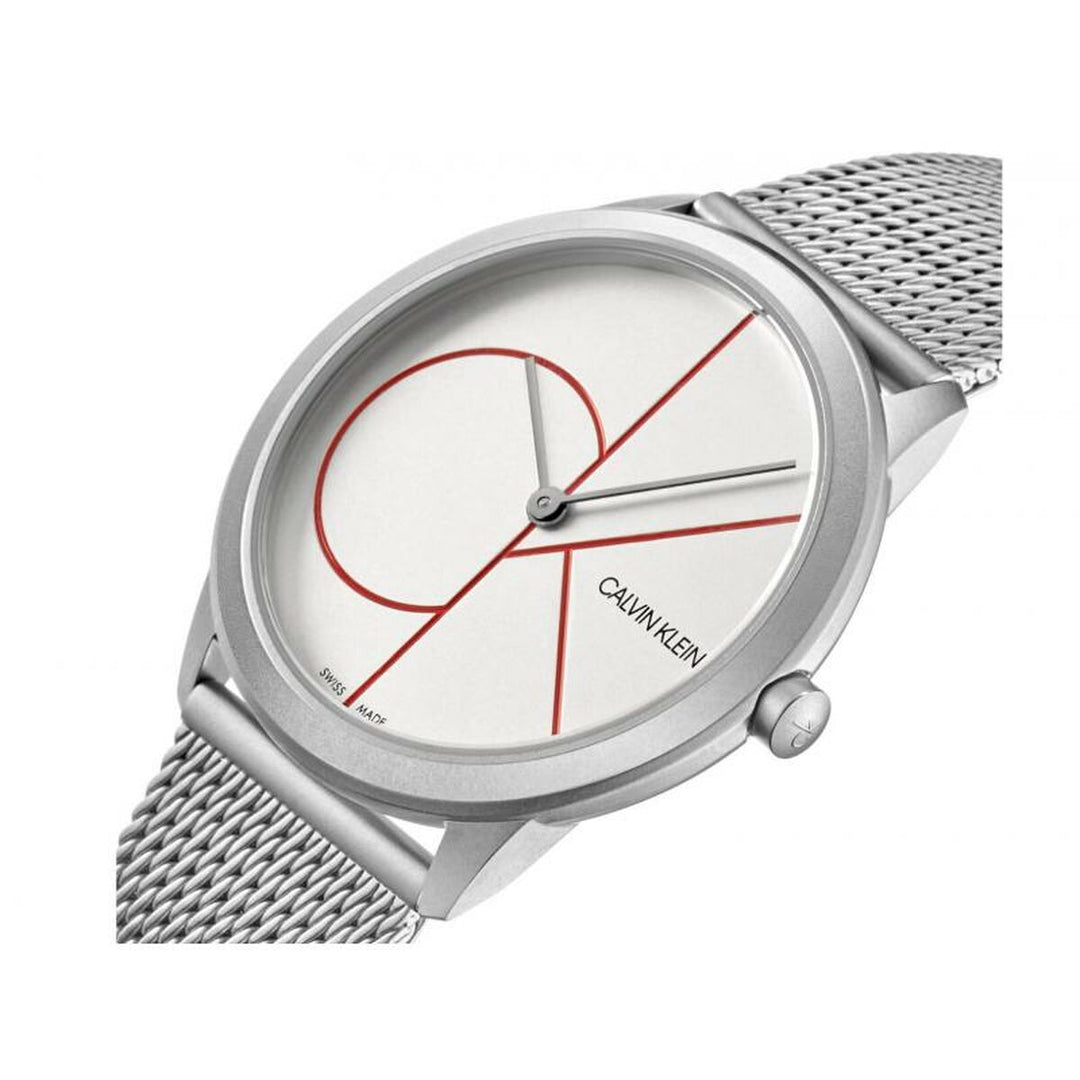 Calvin Klein Minimal watch worn on wrist with silver mesh bracelet