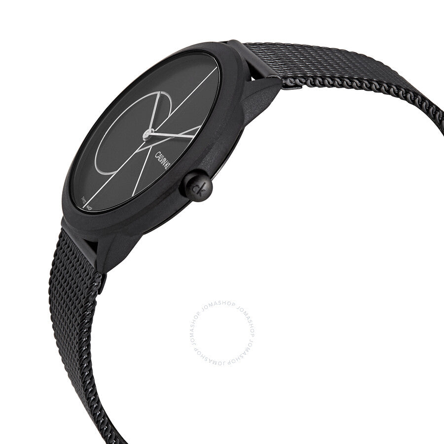 Calvin Klein Minimal watch side angle view showing case profile and black mesh strap