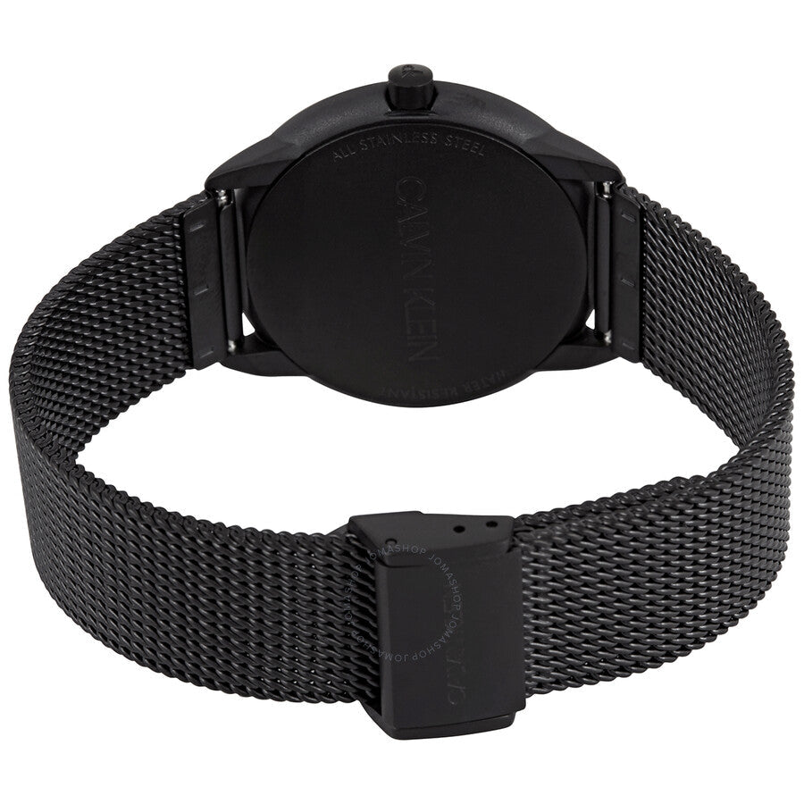 Calvin Klein Minimal watch caseback view showing black mesh strap attachment