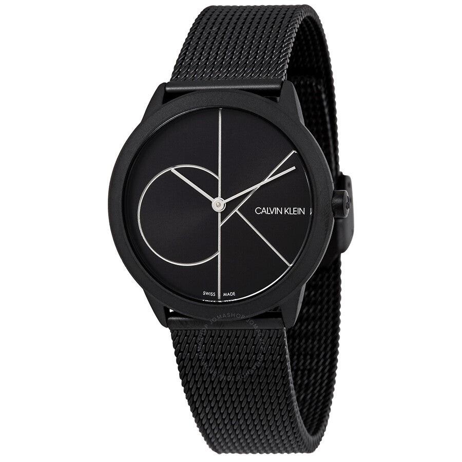 Calvin Klein Minimal black quartz watch with minimalist dial and black mesh strap