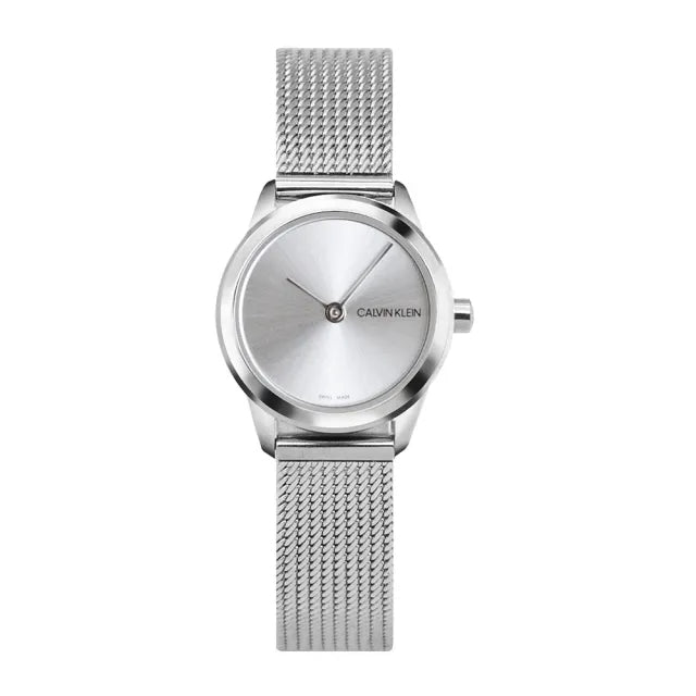 Calvin Klein Minimal Lady small watch front detail with silver sunburst dial and mesh strap
