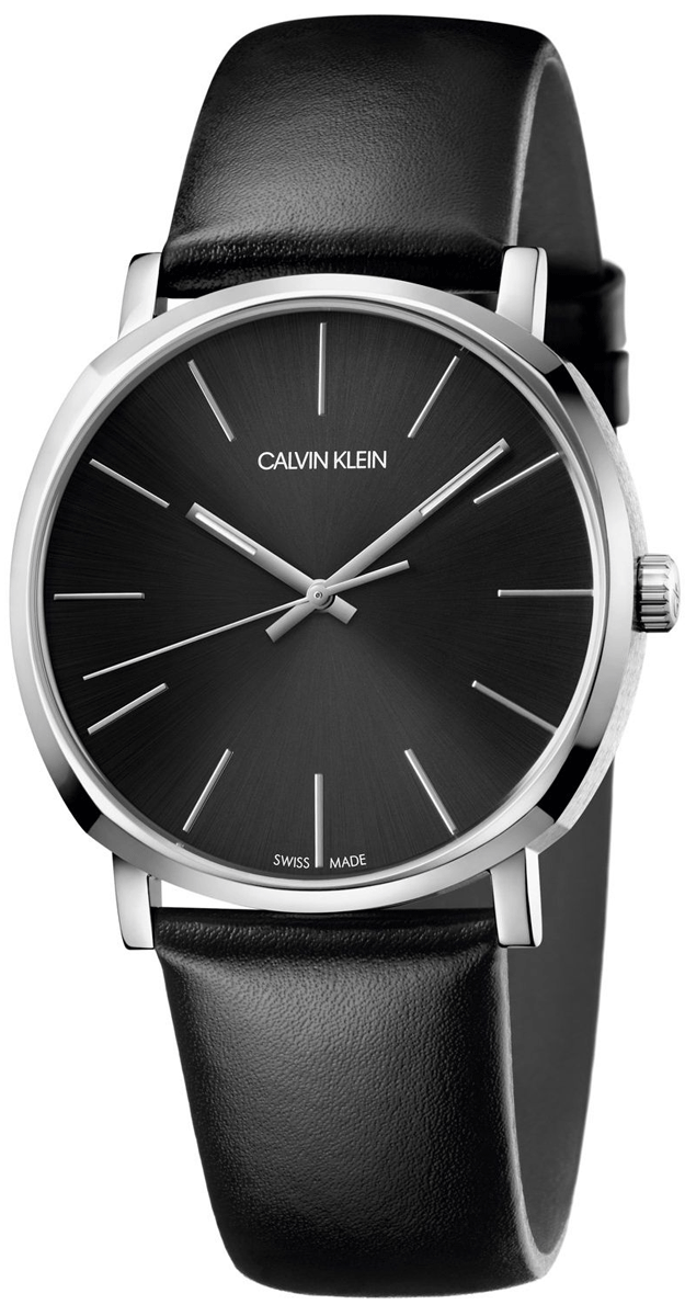 Calvin Klein Posh men's watch with black dial, stainless steel case, and black leather strap