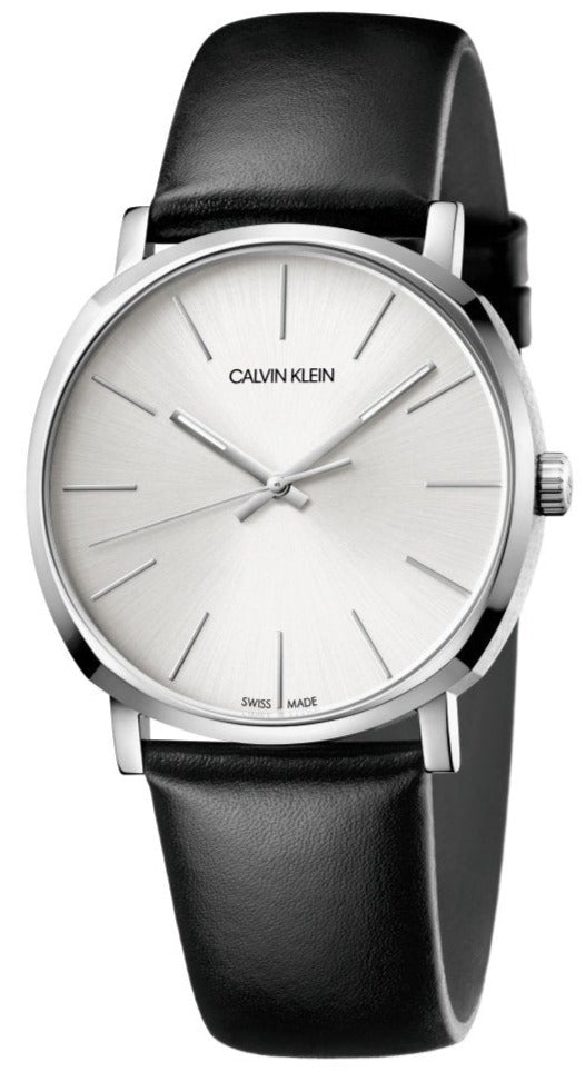 Calvin Klein Posh men's watch with silver dial and black leather strap