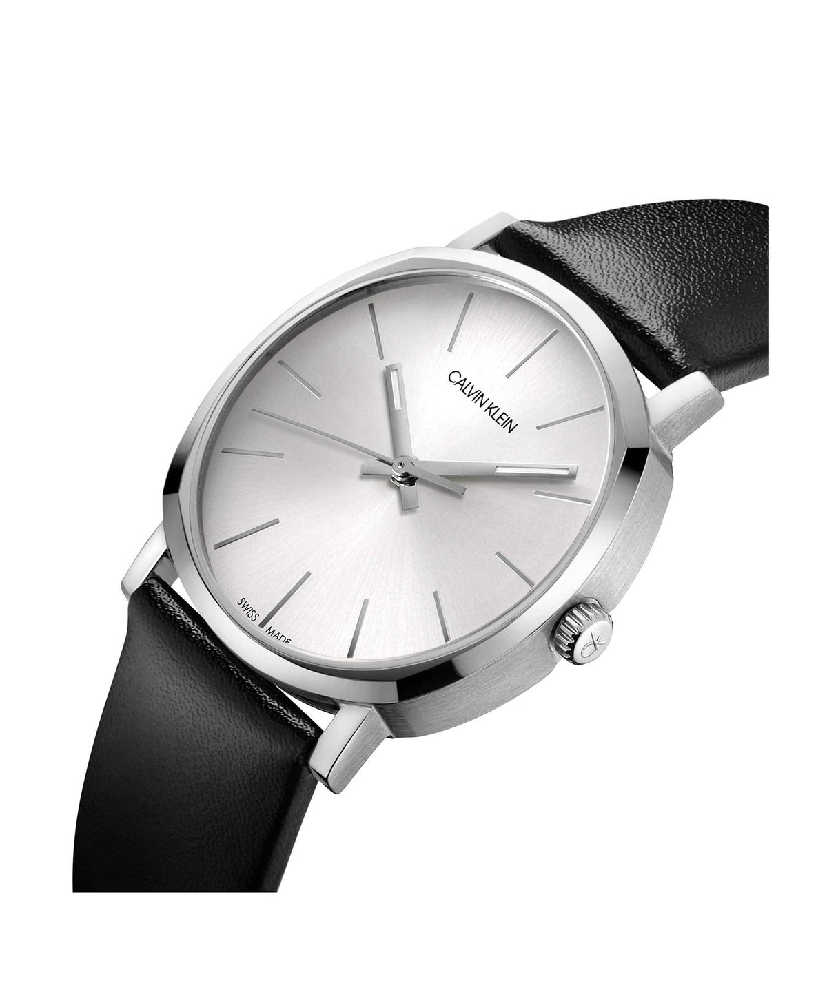 Calvin Klein Posh watch worn on wrist with silver case and black strap