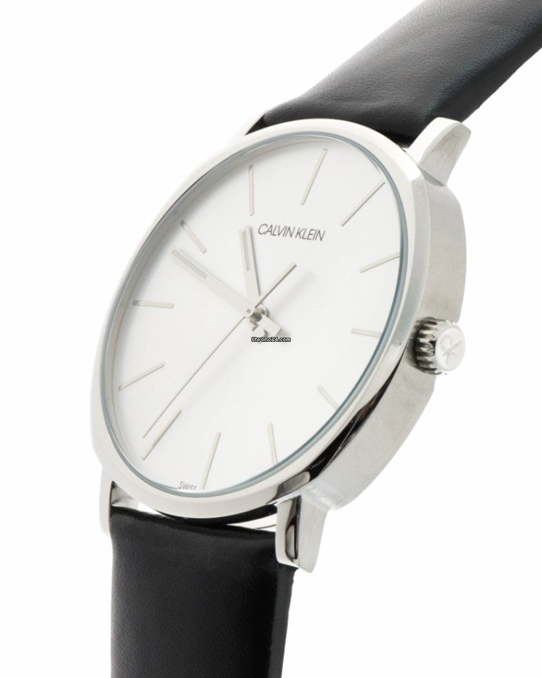 Side profile of Calvin Klein Posh watch on wrist with black leather band