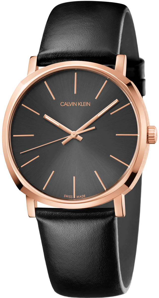 Calvin Klein Posh rose gold watch with black dial and black leather strap, front view