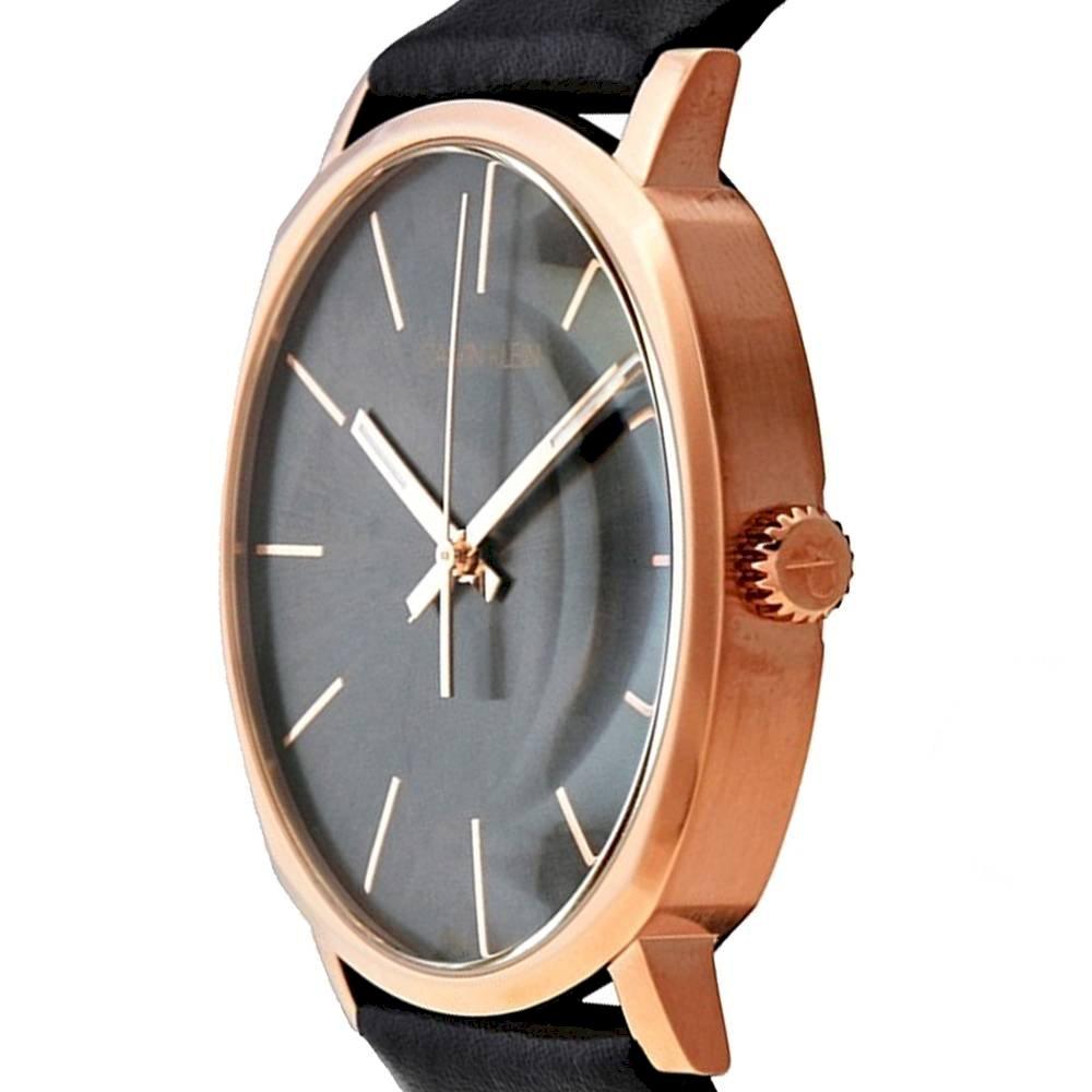 Side view of Calvin Klein Posh watch highlighting rose gold case and crown detail