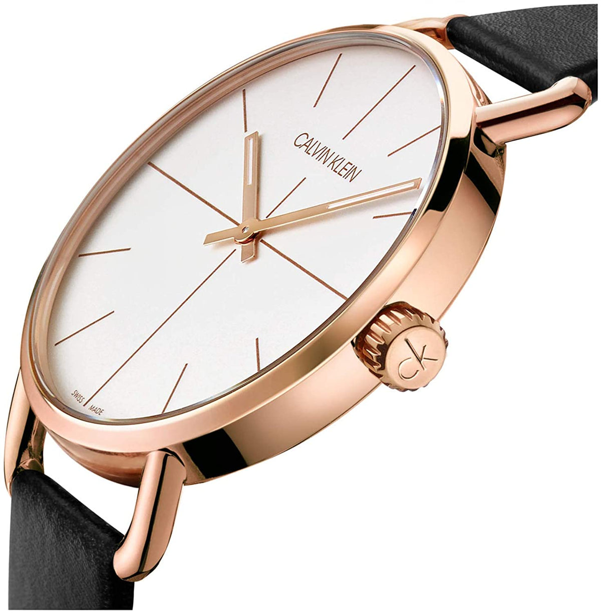 Side angle view of Calvin Klein Posh watch with rose gold case and brown leather strap
