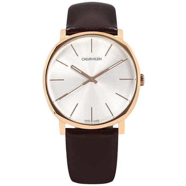 Calvin Klein Posh men's watch with silver dial and rose gold case on brown strap