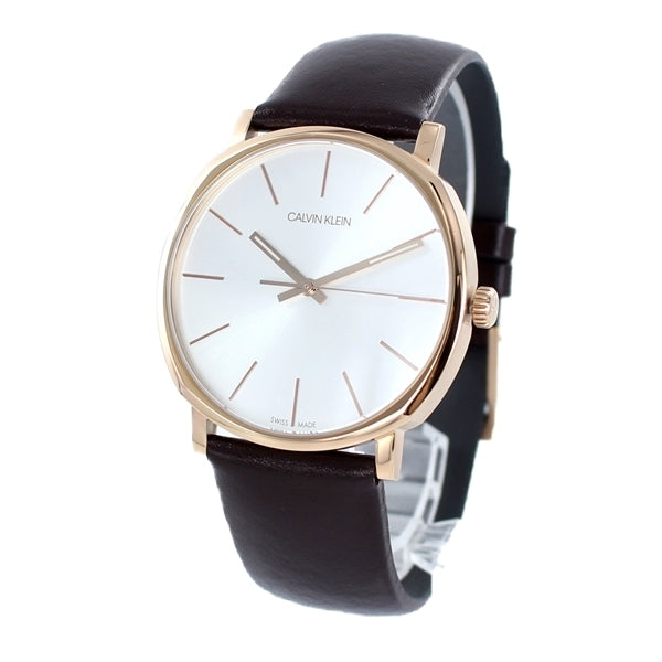 Calvin Klein Posh watch front view with silver dial and rose gold round case