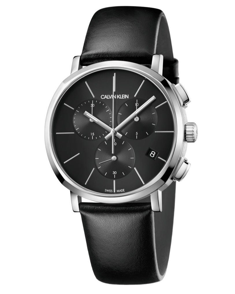 Calvin Klein Posh men's watch with black chronograph dial and black leather strap