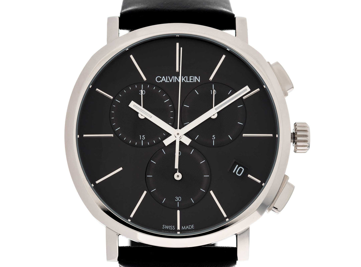 Close-up of Calvin Klein Posh K8Q371C1 black dial with chronograph subdials