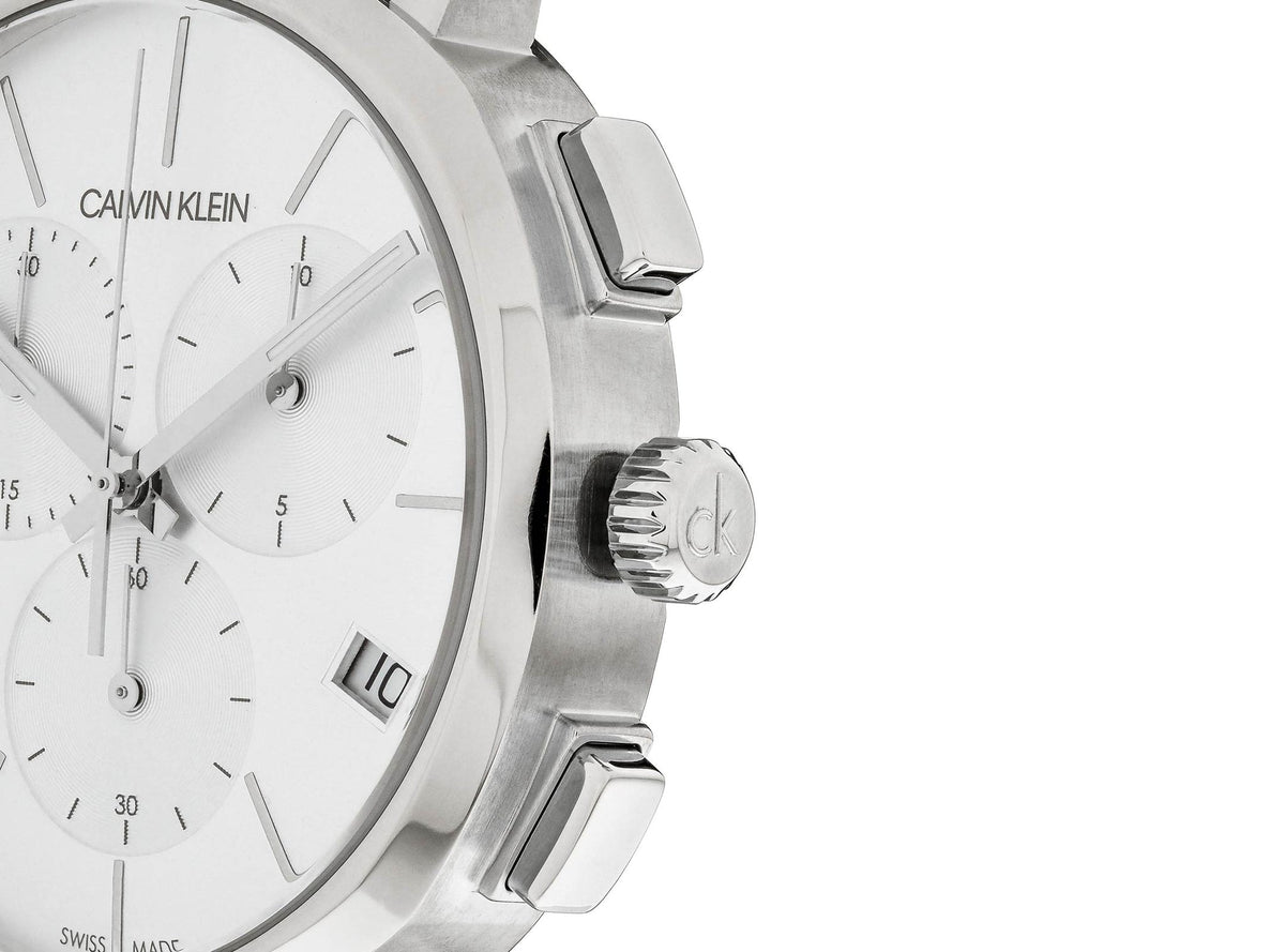 Calvin Klein Posh chronograph watch angle view showing case and pushers
