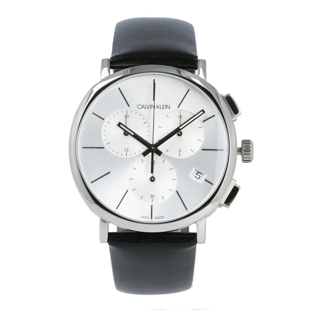 Calvin Klein Posh chronograph men's watch silver dial black leather strap