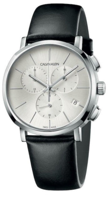 Calvin Klein Posh chronograph watch with silver dial and black leather strap