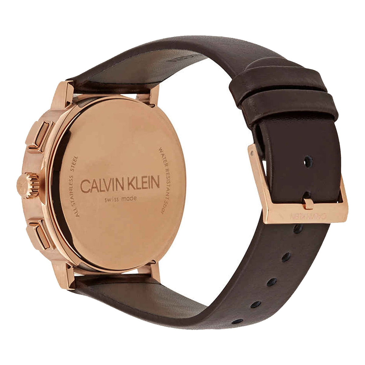 Caseback of Calvin Klein Posh chronograph showing engraved Calvin Klein branding