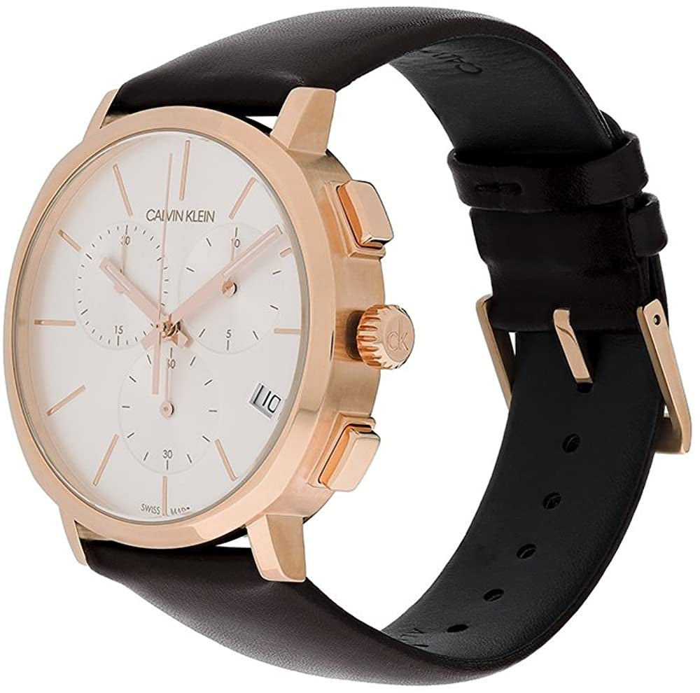 Side profile of Calvin Klein Posh watch with rose gold case and brown leather strap
