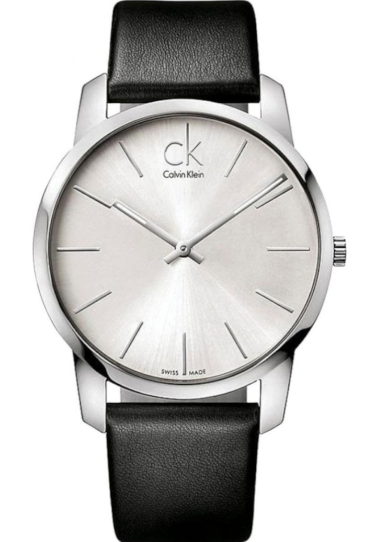 Calvin Klein Post Minimal watch with silver dial and black leather strap