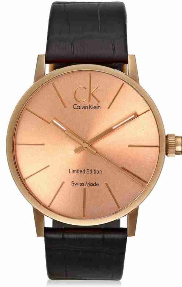 Calvin Klein Post Minimal rose gold watch with salmon dial and black leather strap, front view