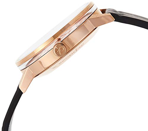 Calvin Klein Post Minimal rose gold chronograph watch side view with black leather strap